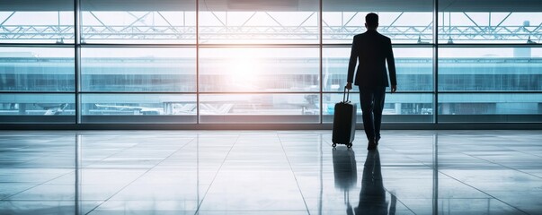 A businessman confidently walking through an airport terminal while carrying his luggage