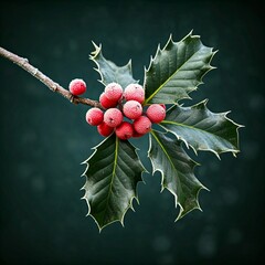 Frosty Christmas Holly on a Branch