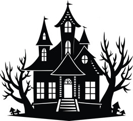 Halloween haunted house silhouette vector illustration for spooky, creepy, horror, haunted, eerie, Halloween party, decorations, and seasonal design projects.
