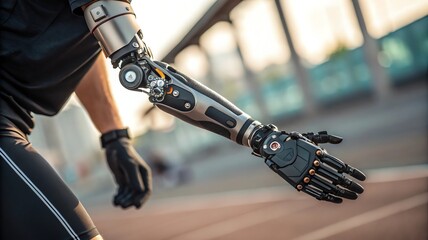 Close-up of advanced prosthetic arm, symbolizing innovation and futuristic technology in motion.