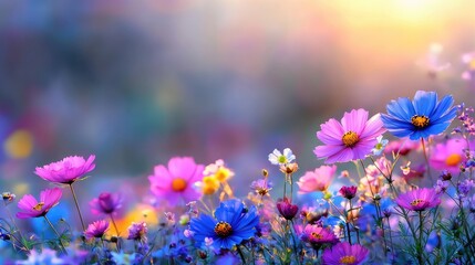 Obraz premium Vibrant pink and blue cosmos flowers bloom in a sunny meadow during a warm golden hour sunset.