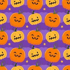 Vector seamless Halloween pumpkin pattern with cute and spooky carved faces. Halloween jack-o'-lanterns on purple background. Ideal for Halloween decor, fabric, and wrapping paper.