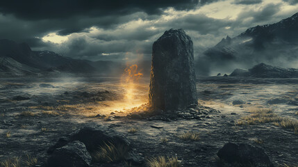 Dreadful discovery of an eldritch relic radiating unnatural power in a sinister muted landscape. Ancient Eldritch Relic. Illustration - obrazy, fototapety, plakaty