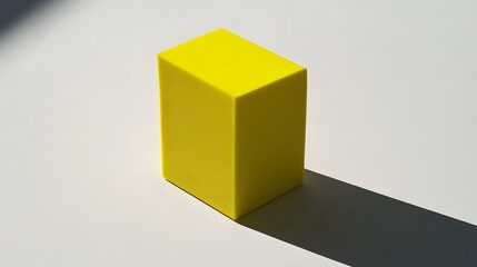 Bright Yellow Cube Casting Sharp Shadow on Clean White Surface Plain Background
