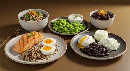 Healthy food plate with salmon, egg and beans, balanced diet