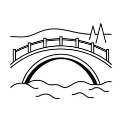 Serene Arch Bridge Over Water, Mountain Landscape, Simple Line Art
