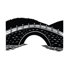 Serene Black and White Arch Bridge Landscape Illustration