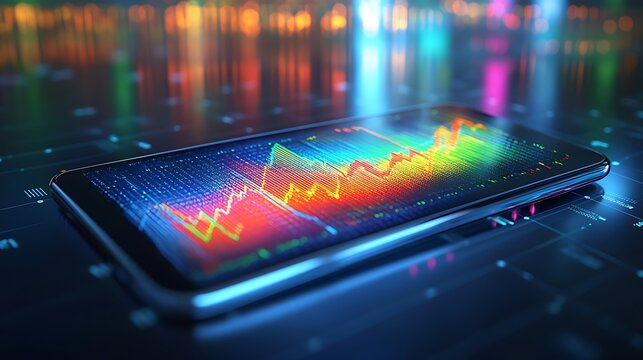 Smartphone Displaying Financial Graph on Digital Interface, A smartphone displaying a colorful financial graph on a digital interface