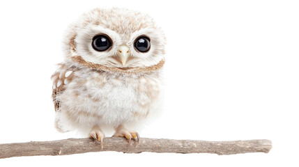 Fototapeta premium Cute owl perched on a branch, small round body with big eyes, natural habitat, ideal for nature themes and wildlife illustrations. Isolated on white background or PNG