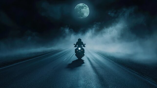 Night Rider: Lone Motorcyclist Under a Full Moon