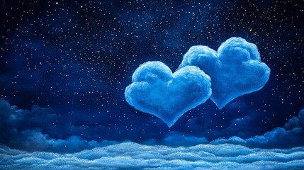 Fototapeta premium Two Heart-Shaped Clouds in a Starry Night Sky