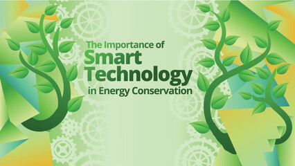 The Importance of Smart Technology in Energy Conservation concept. abstract polygonal with green plant and gears for go green concept. template vector illustration 