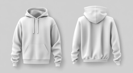 white hoodie, front and back view, isolated on a light grey background