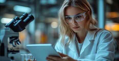 A focused female scientist in a modern laboratory, wearing protective goggles and a lab coat, analyzing data on a tablet while working near a microscope and test tubes under artificial lighting