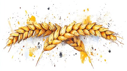 Golden Wheat Stalks Watercolor Illustration on White Background Represents Agriculture and Harvest