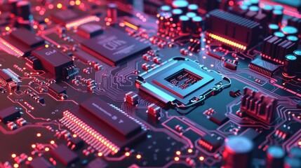 Fototapeta premium Illuminated CPU on Motherboard, Circuitry Close-up