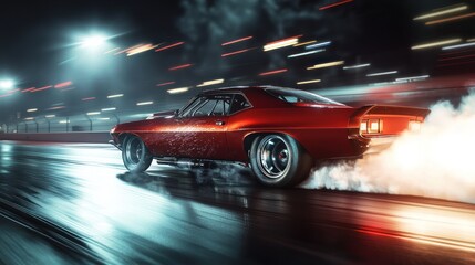 Night Race: Classic Muscle Car Burning Rubber on Asphalt Track
