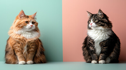 Fototapeta na wymiar Fluffy chubby cats with pastel backgrounds, looking serene