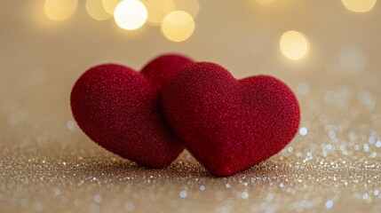 Obraz premium Two Red Glitter Hearts on Gold Glitter Background
