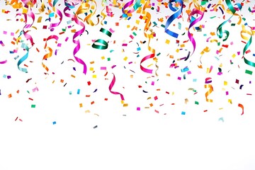Fototapeta premium Colorful Confetti and Ribbons Falling on White Background