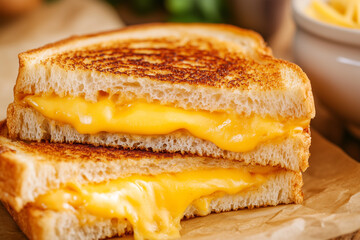 Grilled cheese sandwich with perfectly melted cheese on toasted bread displayed on a wooden surface