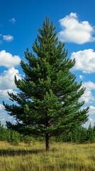 Tall pine, sunny field, blue sky, nature