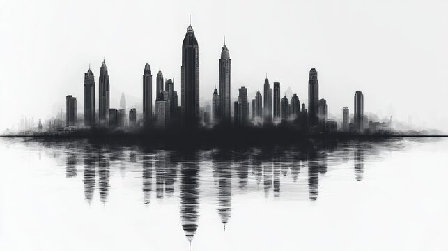 Fototapeta Black and white silhouette of a city skyline reflecting on water with a misty background