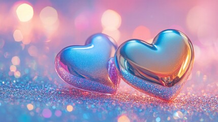 Fototapeta premium Two Shiny Hearts on Glittering Surface