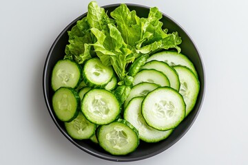 Fresh cucumber rondelle slices on a black plate brightly lit kitchen setting top-down view culinary photography