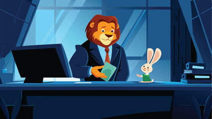 A majestic lion, impeccably dressed in a suit, sits behind a large mahogany desk in a bank, handing a savings passbook to a surprised client.