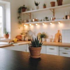 Dark kitchen countertop with a blurred background of a bright, modern kitchen, featuring plants, shelves, and warm lighting, creating a cozy atmosphere