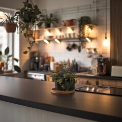 Dark kitchen countertop with a blurred background of a bright, modern kitchen, featuring plants, shelves, and warm lighting, creating a cozy atmosphere