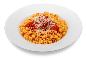 Pasta ditalini, small macaroni pasta topped with tomato sauce in white plate isolated