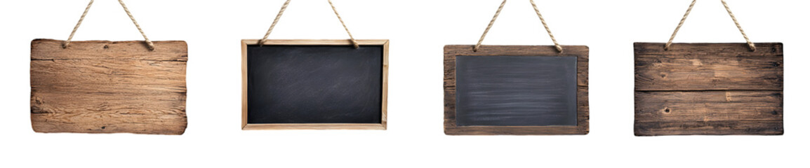 wooden signs hanging on a rope, front view, against a white background, in different styles