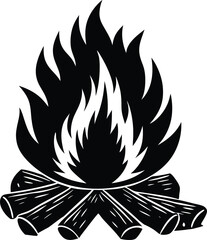 Campfire silhouette vector illustration ideal for outdoor, camping, fire, nature, warmth, adventure, hiking, bonfire, wood, wilderness, and relaxation designs.