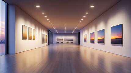 there are many pictures on the wall in this empty room