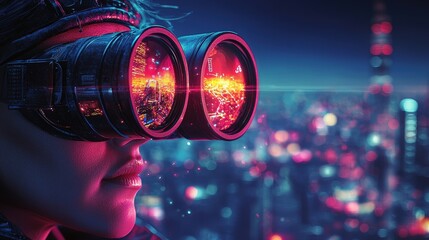 Futuristic Woman with Sci-Fi Goggles Observing a Neon Cityscape at Night