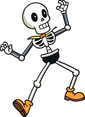 Fototapeta premium Cartoon skeleton dancing vector illustration, Halloween party, spooky, skeleton character, Halloween decoration, fun skeleton, vector art, horror, festive Halloween design.