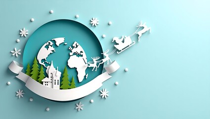 Festive paper-cut winter globe illustration featuring snowy landscapes, pine trees, Santa's sleigh, and a charming village, set against a serene blue gradient background.