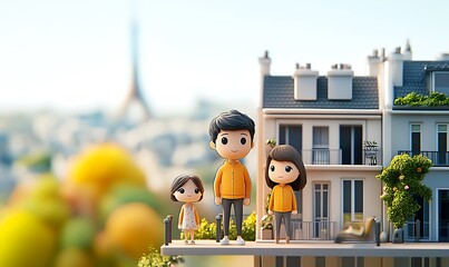 there are three figurines of people standing on a balcony
