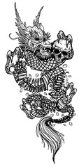 Tattoo art dragon holding a skull hand drawing and sketch black and white