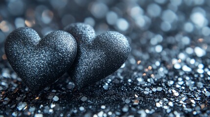 Two dark grey glittering hearts on sparkling background