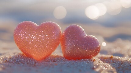 Fototapeta premium Two Glittering Pink Hearts on Sandy Beach at Sunset