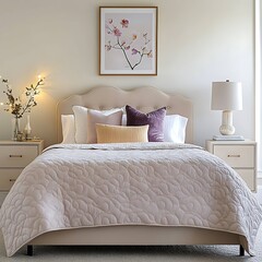 there is a bed with a white comforter and a white nightstand