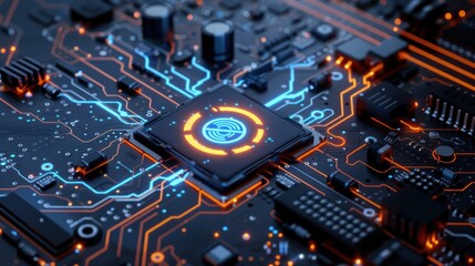 Global network processor glowing on circuit board