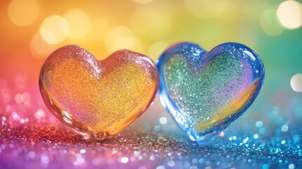 Obraz premium Two sparkling glass hearts on glitter background