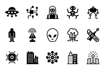 Design a cyberpunk dystopian tech icon pack inspired by neon aesthetics.  Include futuristic interfaces, data streams, and advanced weaponry.