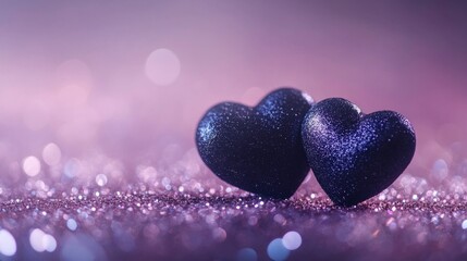 Obraz premium Two sparkling purple hearts on glitter background