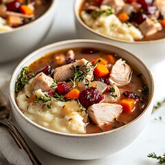 there are two bowls of soup with meat and vegetables in them