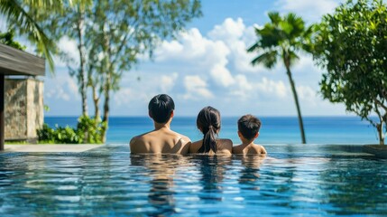 An elite Asian family enjoying a luxurious vacation at a 5-star resort, reflecting opulence and wealth.